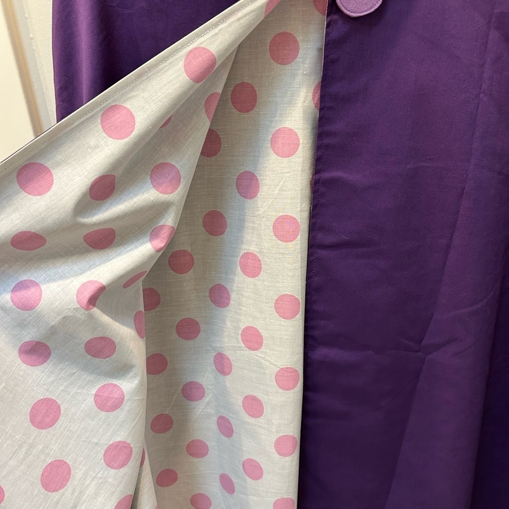 Handmade on Etsy cape purple with pink and white polka dot inside eyelet trim - Picture 3 of 6